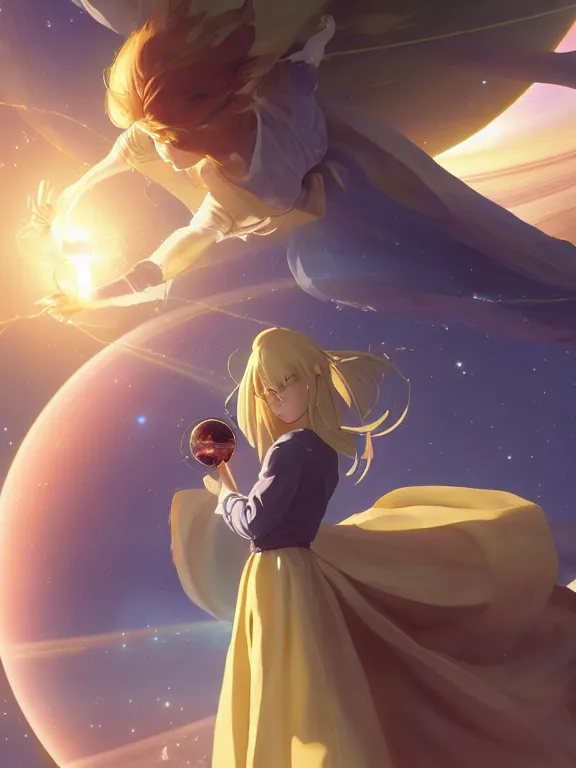 Image similar to a godly, wise, powerful giant girl wearing a skirt in space holding a model of a Saturn in her left hand. Soft lighting, cosmic skies, stunning, 8K, no planets, octane render. By Makoto Shinkai, Stanley Artgerm Lau, WLOP, Rossdraws, James Jean, Andrei Riabovitchev, Marc Simonetti, krenz cushart, Sakimichan, D&D trending on ArtStation, digital art.