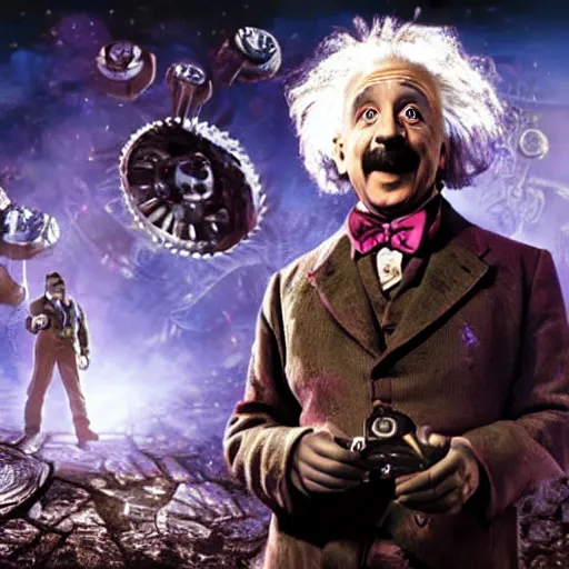 Image similar to albert einstein as willy wonka in gears of war, splash art, movie still, detailed face, photorealistic facial features, cinematic lighting, dramatic, octane render, long lens, shallow depth of field, bokeh, anamorphic lens flare, 8 k, hyper detailed, 3 5 mm film grain