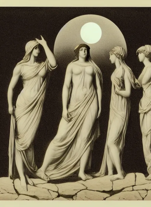 Prompt: three silhouettes of ancient greek goddesses observing an eclipse at dusk, painted by caspar david friedrich with high toner xerox halftones