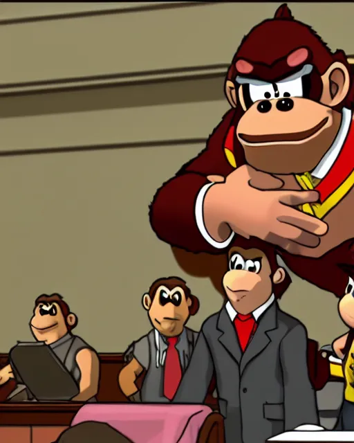 Prompt: donkey kong being cross examined in a court of law, 4 k