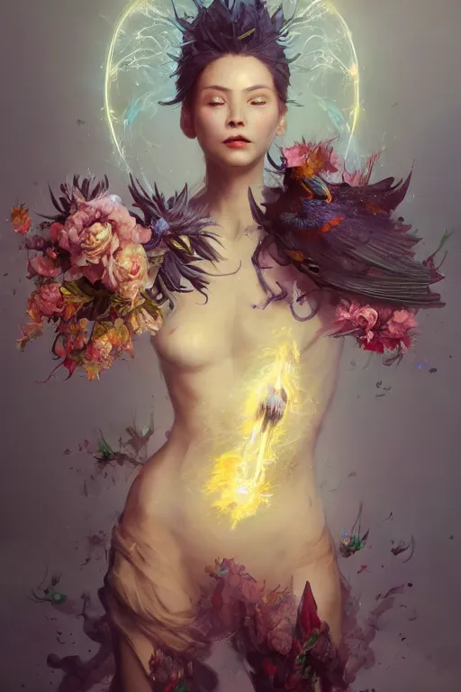 Image similar to beautiful girl necromancer, witch - doctor exploding into flowers, angels, 3 d render, hyper - realistic detailed portrait, holding electricity and birds, ruan jia, wlop. scifi, fantasy, hyper detailed, octane render, concept art, peter mohrbacher