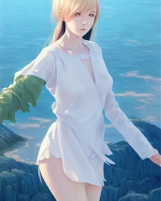 Image similar to infinitely detailed full - body portrait pale female peaceful dream angel wearing elegant clothes. beautiful! scenery art! by wlop & murata range, by ilya kuvshinov. artstation!! / pixiv!!