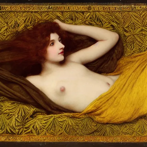 Image similar to preraphaelite photography reclining on bed, a hybrid of judy garland and amy macdonald, aged 2 5, big brown fringe, yellow ochre ornate medieval dress, john william waterhouse, kilian eng, rosetti, john everett millais, william holman hunt, william morris, 4 k