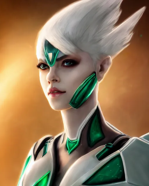 Image similar to perfect white haired attractive egyptian goddess, warframe armor, beautiful, symmetric, dreamy, half asian, pretty face, green eyes, charlize theron, detailed, scifi platform, laboratory, experiment, 4 k, ultra realistic, epic lighting, android body, illuminated, cinematic, masterpiece, art by akihito tsukushi, voidstar