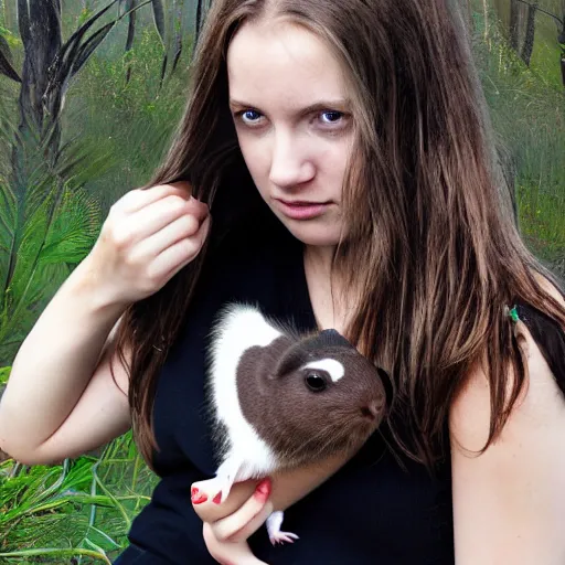 Prompt: Caucasian white girl from Australia, wearing eyeliner, holding her dark brown guinea pig, out in the wilderness at morning, trending on artstation, artstationHQ, artstationHD, photorealistic imagery.