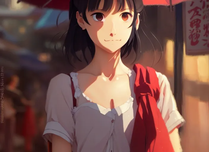 Image similar to a film still portrait of a very beautiful girl, finely detailed features, closeup at the faces, perfect art, at a market, night time,, gapmoe yandere grimdark, trending on pixiv fanbox, painted by greg rutkowski makoto shinkai takashi takeuchi studio ghibli, akihiko yoshida