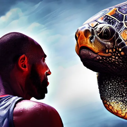 Image similar to kobe bryant kissing a giant turtle in heaven, hyper realistic, cinematic, side view, digital art, amazing detail, artstatiom, cgsociety, epic art