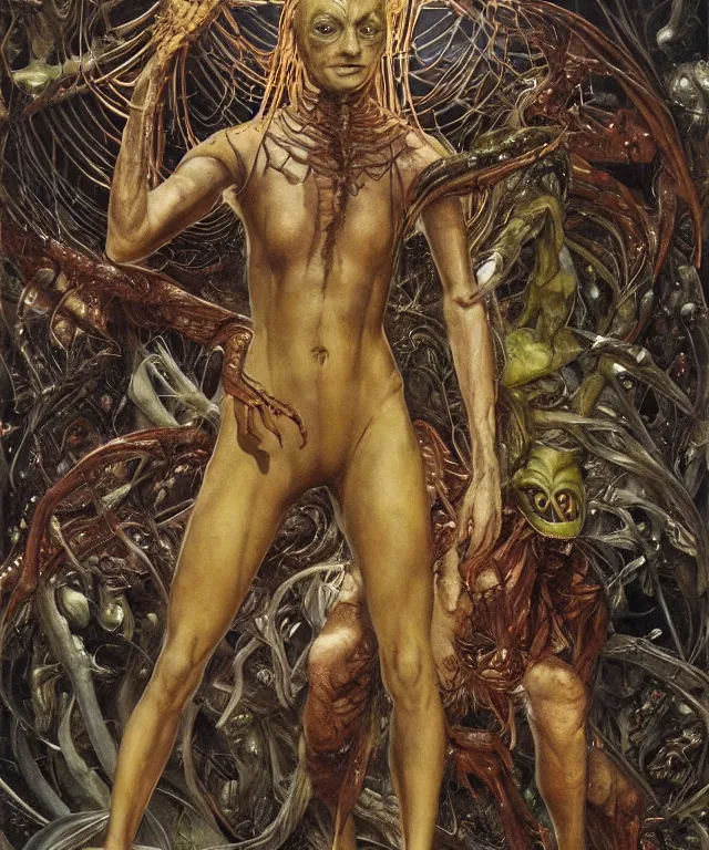 Prompt: a portrait photograph of a muscular sadie sink as a strong alien harpy queen with amphibian skin. she is trying on a dark fiery bulbous infected slimy organic membrane parasite catsuit and transforming into an insectoid amphibian. by donato giancola, walton ford, ernst haeckel, brian froud, hr giger. 8 k, cgsociety