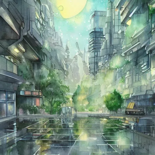 Prompt: Beautiful happy sci-fi city in harmony with nature. Nice colour scheme, soft warm colour. Beautiful detailed watercolor by Lurid. (2022)