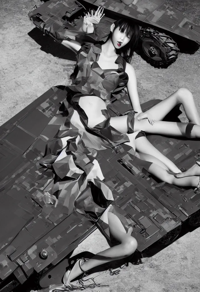 Prompt: gorgeous chinese model, elegant shiny reflective party dress, languishing lays down prone at the front of a military tank at dusk, fashion photography by steven meisel, geometric intervention, cubism