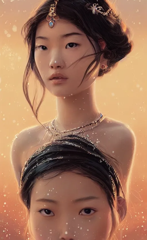 Prompt: a beautiful young charming asian goddess with sundress + jewelry + shinny eyes | | winter, symmetric, realistic shaded, unpleasant face, good looking, fine details, dior, lv, realistic shaded lighting poster by greg rutkowski, macoto takahashi, magali villeneuve, artgerm, jeremy lipkin and michael garmash