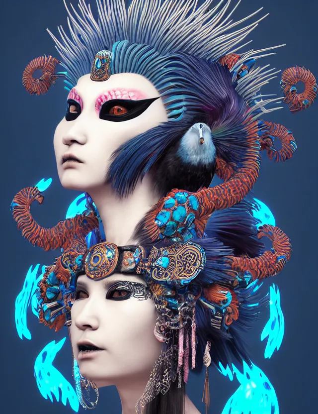 Image similar to 3 d goddess close - up profile portrait punk with mohawk with ram skull. beautiful intricately detailed japanese crow kitsune mask and clasical japanese kimono. betta fish, jellyfish phoenix, bio luminescent, plasma, ice, water, wind, creature, artwork by tooth wu and wlop and beeple and greg rutkowski