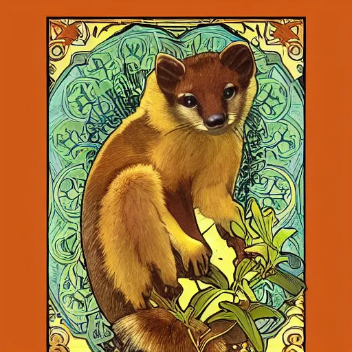 Prompt: pine marten, curious about ancient lore, style of alphonse mucha