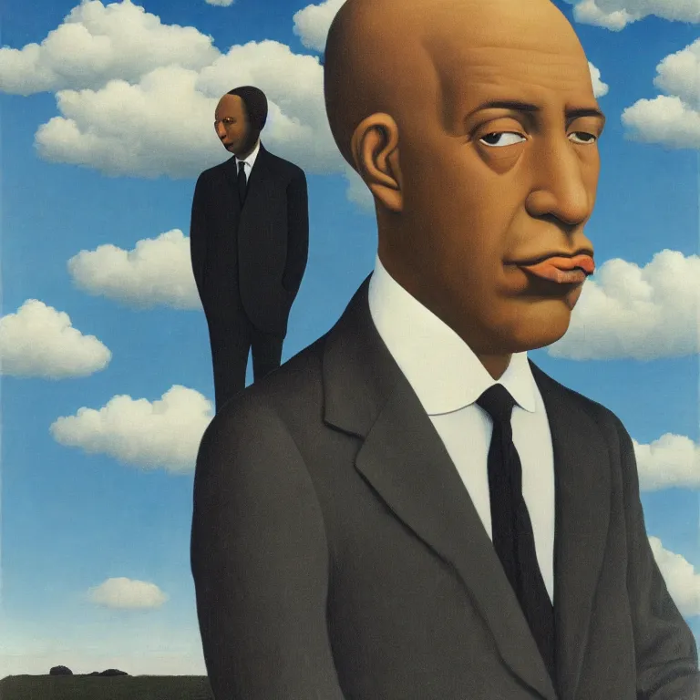 Image similar to portrait of a faceless black - head man in a suit, clouds in the background, by rene magritte, detailed painting, distance, centered, hd, hq, high resolution, high detail, 4 k, 8 k