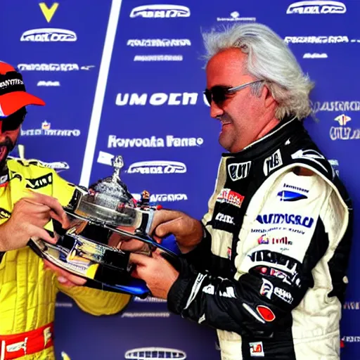 Prompt: high quality photograph of fernando alonso winning the formula 1 world championship together with flavio briatore