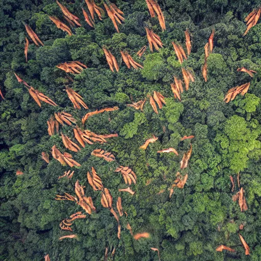 Image similar to drone photograph of tigers fleeing deforestation in the jungle