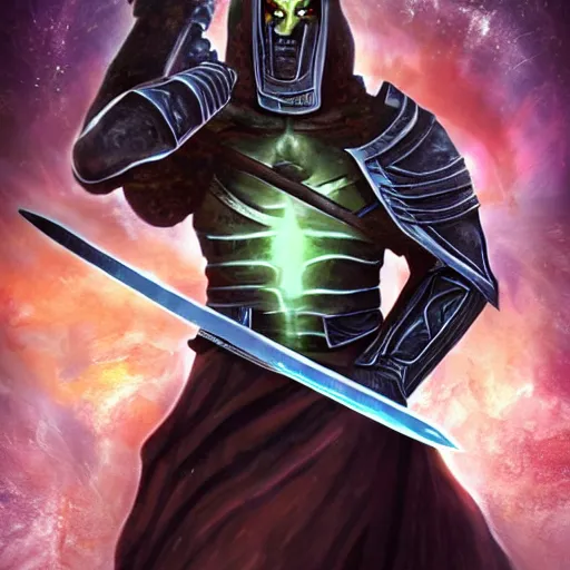 Image similar to the necro sword and of its might being held by a spartan from another planet, full body portrait, highdetailed,