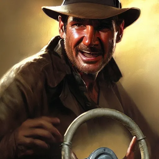 Image similar to close up indiana jones stealing a steering wheel, that is on a pedastal painted by greg rutkowski