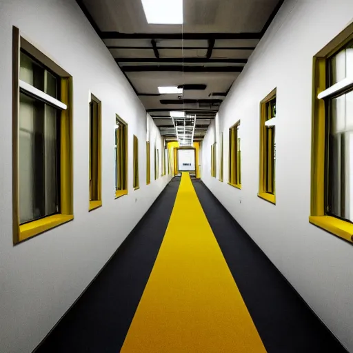 Image similar to abandoned rural offices, uneven hallways, uneven flooring, fluorescent lighting, pale yellow walls with slightly darker yellow stripes