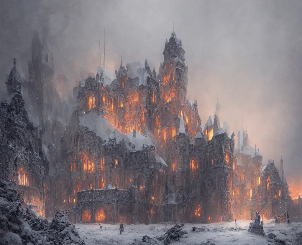 Prompt: Siege of a pipe organ castle in winter, heavy snow storm, fantasy, medieval, fire, explosions and grey smoke here and there, highly detailed, Artstation, oil on canvas painting by greg rutkowski and alan lee