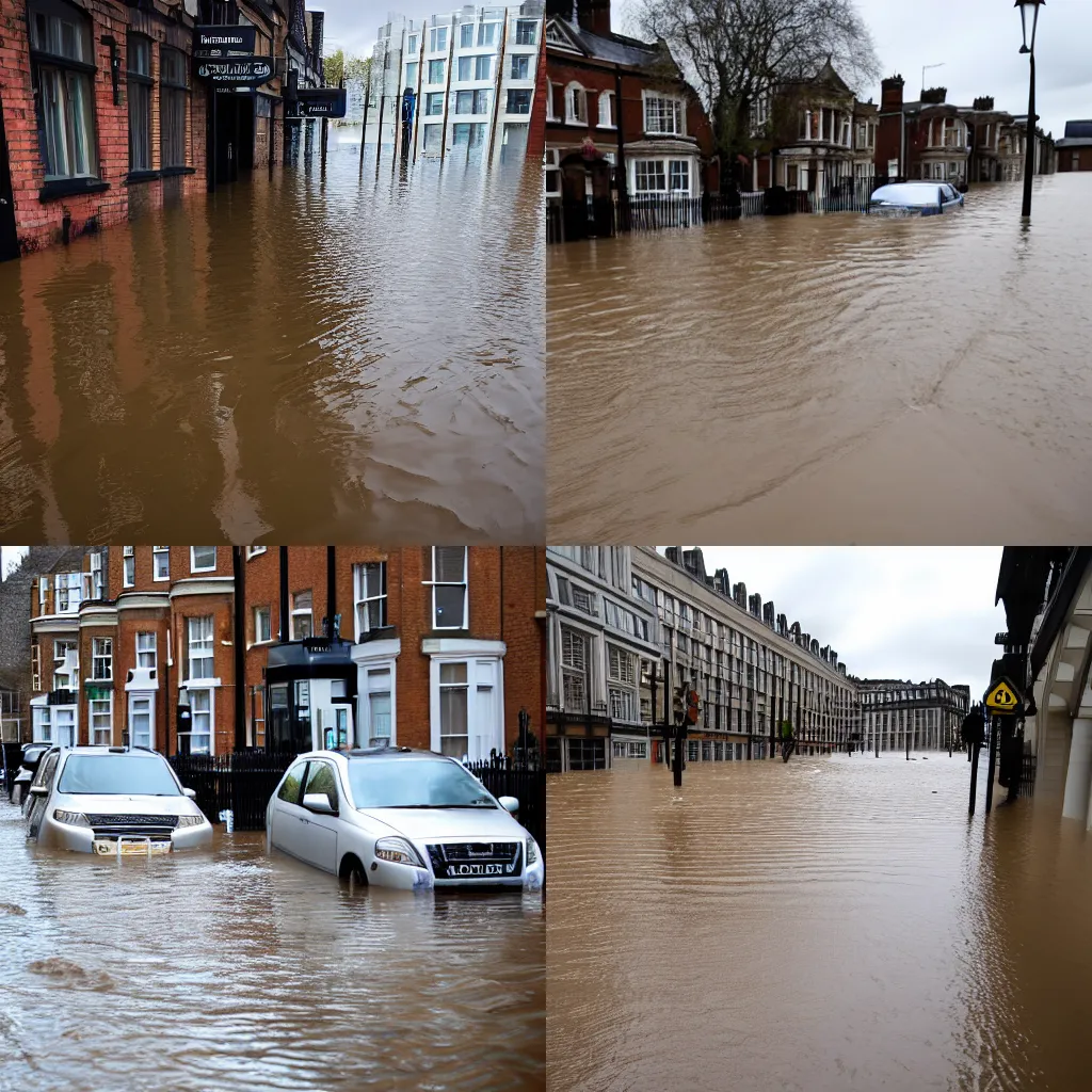 Prompt: huge flooding in London due to climate change. Photography