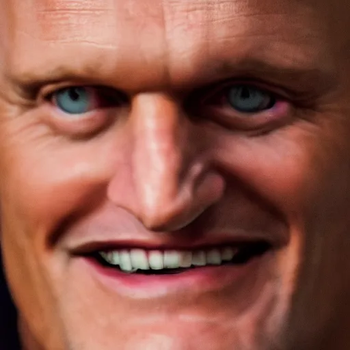 Prompt: woody harrelson is the devil, he grins at the camera, portrait, Complex massive detail, 3/4 view, photography, 8k