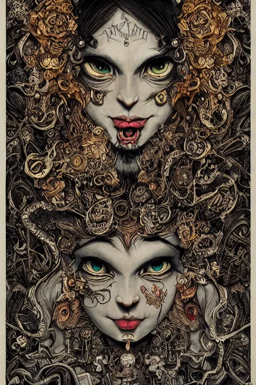 Prompt: portrait of thousands of cartoon faces that are made up of faces, black paper, baroque, rococo, tarot card with ornate border frame, marc Simonetti, paul pope, peter mohrbacher, detailed, intricate ink illustration