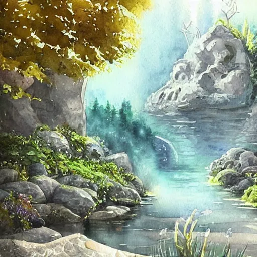 Image similar to beautiful happy picturesque charming sci - fi organic pod - like homes of the future in a beautiful natural scene. water, trees and rocks. beautiful light. soft colour scheme. beautiful artistic detailed watercolor by lurid. ( 2 0 2 2 )