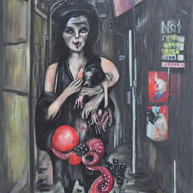 Prompt: a portrait in a dark laneway, a woman holding a piglet, streetlamps, wet, puddles, wild berries, rats, ikebana, octopus, neo - expressionism, surrealism, acrylic and spray paint and oilstick on canvas