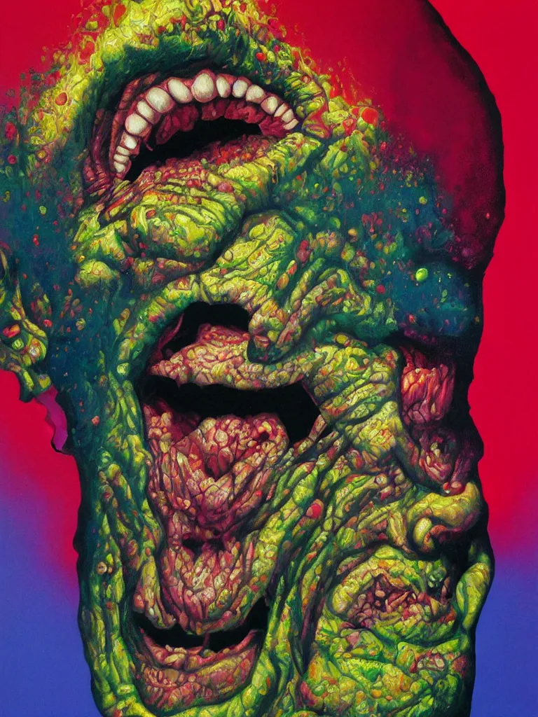 Prompt: hyper realistic painting, head of mark e smith from the fall laughing maniacally, outer glow, by richard corben, lisa frank, simon bisley and chuck close, very intense, depth of field, depth perception, hyperdetailed, rich deep vivid colours, sharp focus, directional lighting