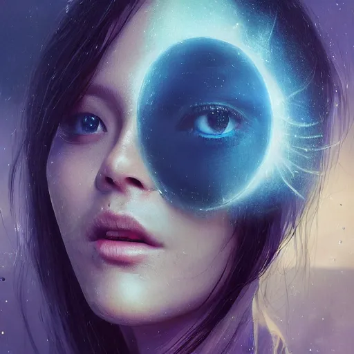 Prompt: 3 d, sci - fi, close - up, night, smiling fashion model face, cinematic, moon rays, clouds, vogue cover style, blue mood, realistic painting, intricate oil painting, high detail illustration, figurative art, multiple exposure, poster art, 3 d, by tooth wu and wlop and beeple and greg rutkowski