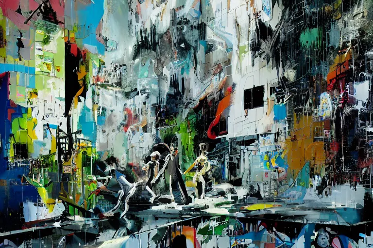 Image similar to a solarpunk white plastic wall by john berkey, covered in graphitti by banksy, basquiat, cleon peterson, dramatic cinematic lighting, manicured solarpunk greenery, high fashion futuristic people walk past