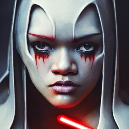 Image similar to star wars sith lord Rihanna profile picture by Greg Rutkowski, dynamic pose, intricate details, futuristic, volumetric lights, streetwear, studio ghibli, Organic Painting , Matte Painting, geometric shapes, hard edges, trending on the artstation, fantasy LUT, realistic by Sachin Teng + Martin Grip + Moebius + Patrick Gleason, smooth, sharp focus, techwear, Industrial Scifi, detailed illustration, character portrait,-C 8.5