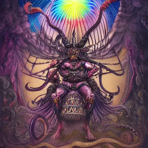 Image similar to rainbow paper + tarot card + Giant Muscular Baphomet wearing Samurai outfit, vintage detailed fantasy illustration painted by Dan Witz, Artgerm, Eldritch, John Howe + intricate ink illustration, ornate, highly detailed + digital painting + 4k + HDR + concept art, smooth, sharp focus, psychedelic black light style + symmetry + bloodborne
