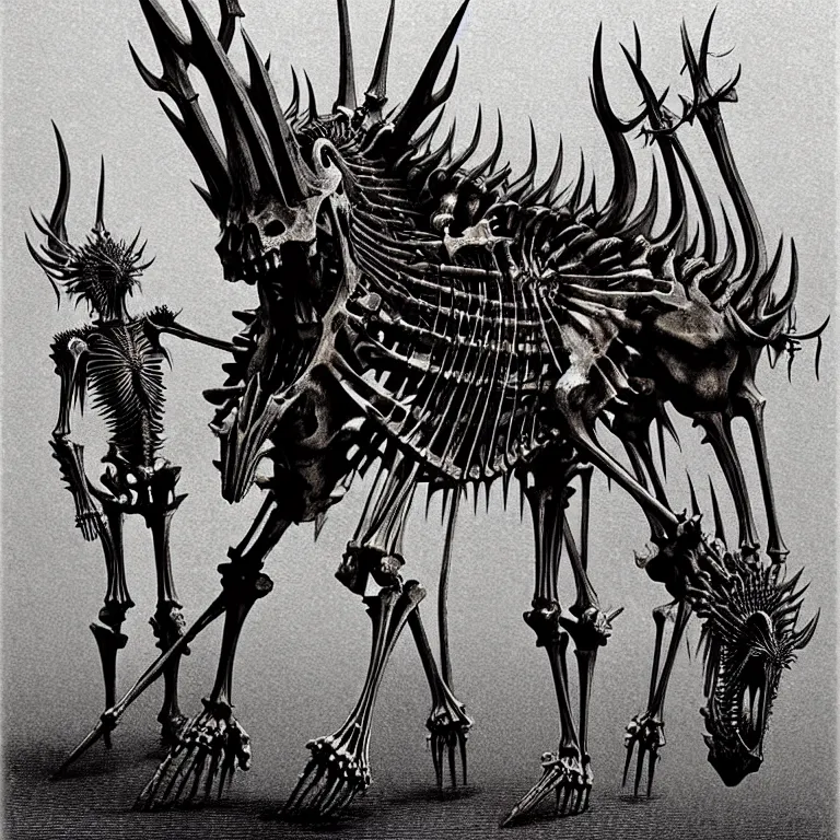 Prompt: A spiked horned detailed horse skeleton with armored joints stands in a large castle with a pebble in hands and toes. Wearing massive shoulderplates. Extremely high details, realistic, fantasy art, solo, masterpiece, bones, ripped flesh, art by Zdzisław Beksiński, Arthur Rackham, Dariusz Zawadzki, Harry Clarke