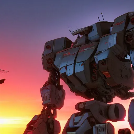 Image similar to A real photo of a giant mechwarrior robot and the sunset in the distance, by Josan Gonzalez, Yoji Shinkawa and Geof Darrow, highly detailed, Unreal Engine Render, 3D, 8k wallpaper