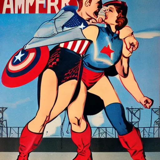 Image similar to female captain america punching hitler. wwii american propaganda poster by james gurney