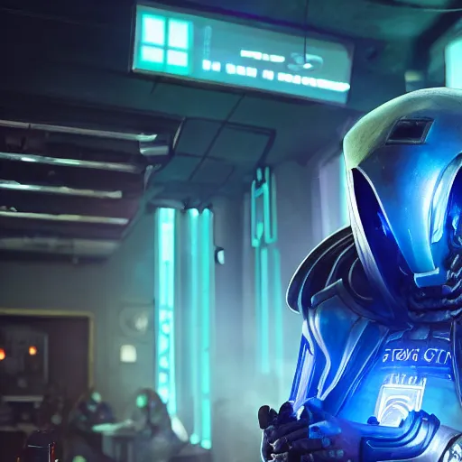 Image similar to high quality portrait of a starcraft Protoss Zealot in a cyberpunk cyberpunk cyberpunk cafe, realism, 8k, award winning photo