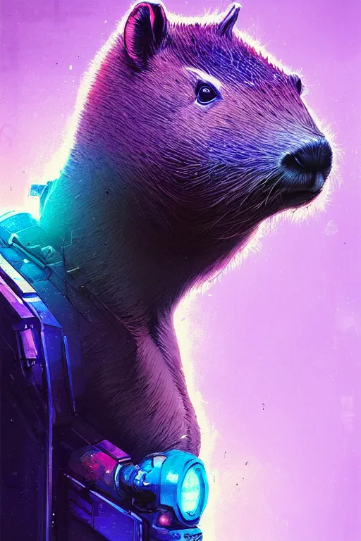 Prompt: a beautiful portrait of a cute cyberpunk capybara by sandra chevrier and greg rutkowski and wlop, purple blue color scheme, high key lighting, volumetric light, digital art, highly detailed, fine detail, intricate, ornate, complex, octane render, unreal engine, photorealistic