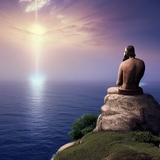 Prompt: a stunning 3 d render of jesus of nazareth meditating on a cliff with buddah and socrates, facing away from the camera watching the sunrise over the ocean, turbulent ocean in the background, sunrise, intricate, elegant, highly detailed, artstation, ultra sharp focus, octane render, volumetric lighting, art by greg rutkowski and rembrandt