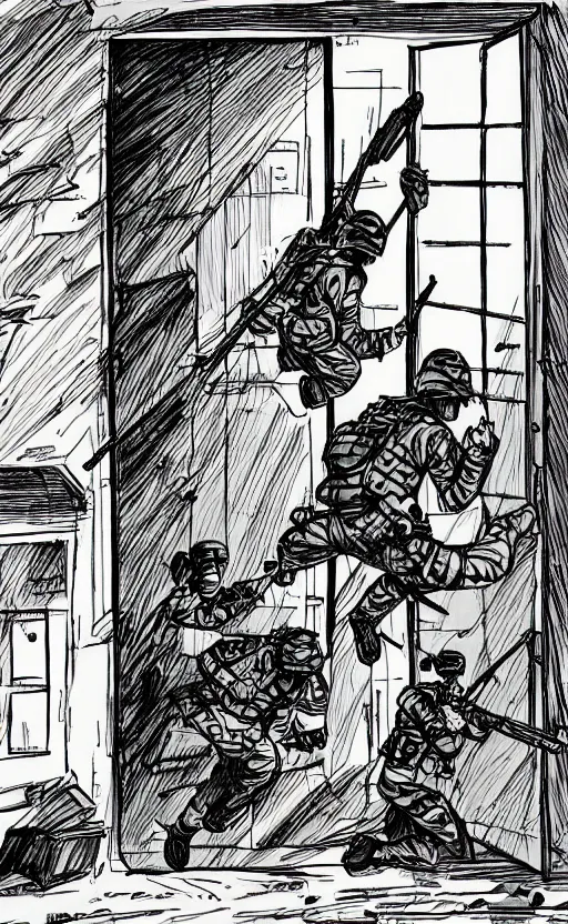 Image similar to soldiers breaching through a door illustrated by kim jung gius, detailed drawing, comic book drawing, black and white, ink drawing, strong perspective drawing