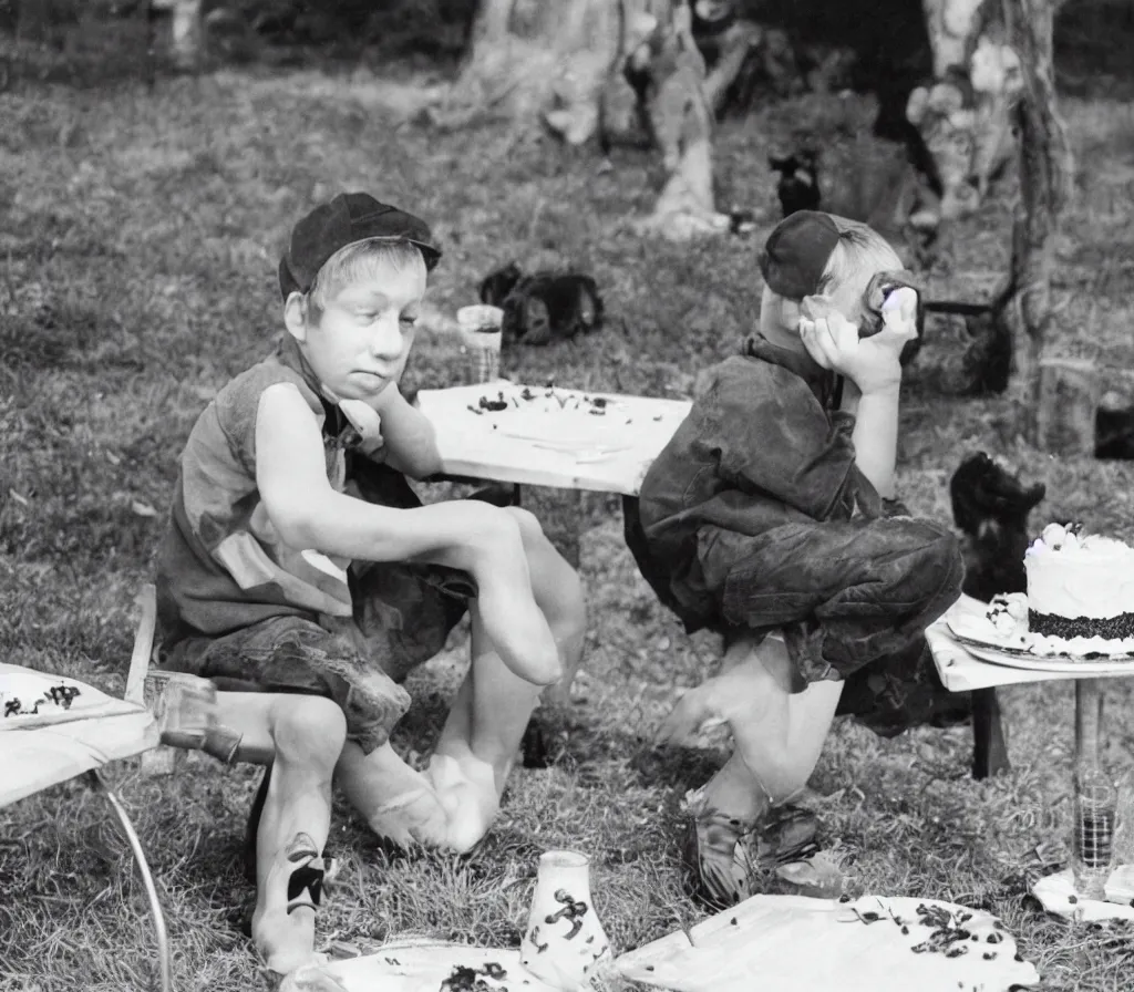 Prompt: A sad young boy in a party hat sitting at a picnic table, as black crows begin to pick at and eat a birthday cake on the table, dark gloomy, realistic