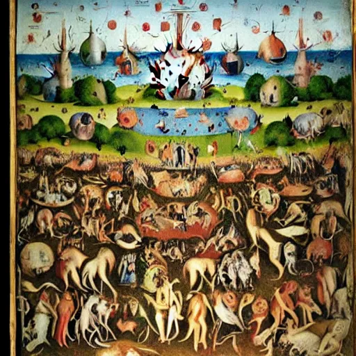 Image similar to Garden of Earthly Delights in the style of Where’s Waldo search and find book