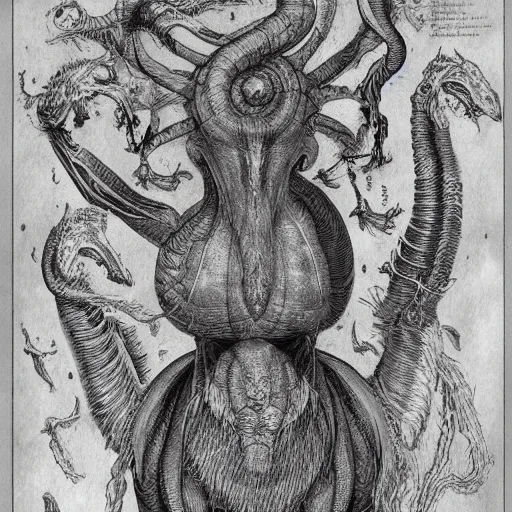 Image similar to bestiary of creatures from the depths of the unconscious psyche