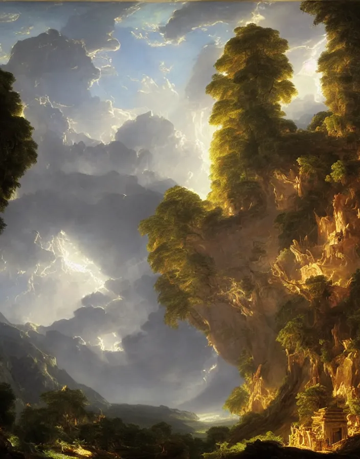 Image similar to an ancient temple lost in a gigantic forest by thomas cole, painting, epic clouds formation, cinematography, epic lighting,