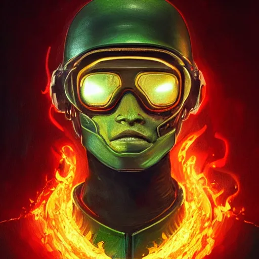 Image similar to helmet cyberpunk made of green lava and fire, profile portrait, cyberpunk fashion, character design humanoid, realistic shaded perfect face, fine details, very dark environment, misty atmosphere, closeup, d & d, fantasy, intricate, elegant, highly detailed, digital painting, artstation, concept art, matte, sharp focus, illustration, hearthstone, art by artgerm and greg rutkowski