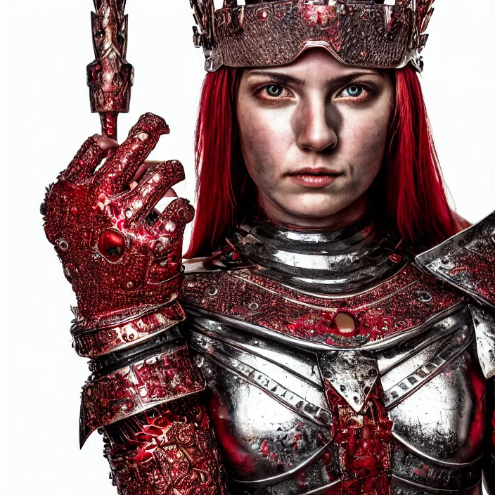 Prompt: photo of a beautiful strong warrior queen wearing ruby encrusted armour, highly detailed, 4 k, hdr, smooth, sharp focus, high resolution, award - winning photo