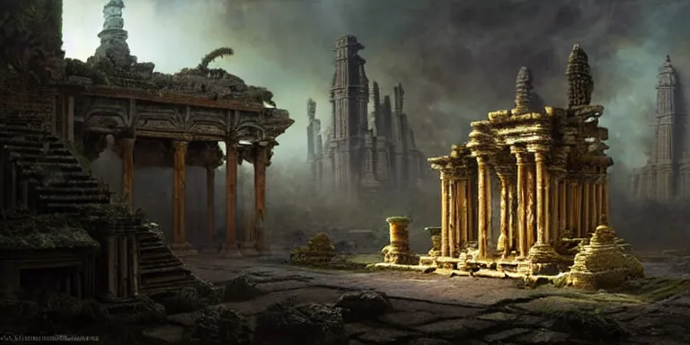 Image similar to beautiful hyperrealistic spectacular painting of the mysterious intricate ruins of the mysterious ancient temple, an advanced technology timemachine with a green - glowing - crystal from the future is inside the temple, by hubert robert and lee madwick and bastien lecouffe - deharme, dramatic moonlight lighting, advanced technology
