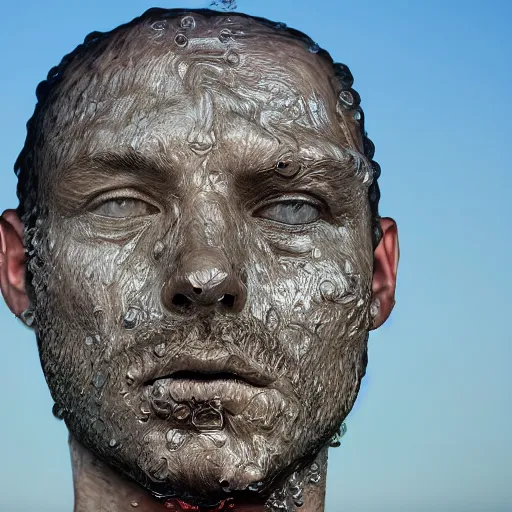 Image similar to a giant sculpture made out of water of a human head on the ocean, made purely out of water, cinematic, in the style of johnson tsang, long shot, hyper detailed, hyper realistic, ray tracing, 8 k resolution, sharp focus, realistic water, award winning