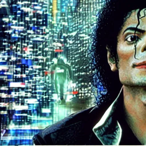 Image similar to Michael Jackson in a cyberpunk world reflecting at everyones mind